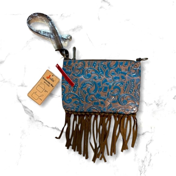 JUSTIN BOOTS Mini Shoulder Bag Stylish Blue and Brown Fringe Clutch - Picture 2 of 3